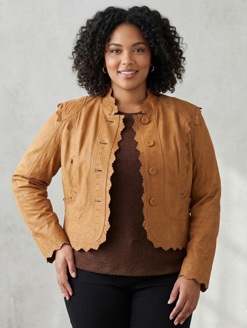 Biba Tan Leather Jacket Scalloped Boho Perforated Ruffle Crop Coat Size 18 XL